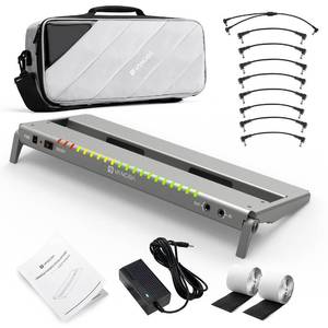 lot 14553 image: Vangoa Guitar Pedal Board with Built-in Isolated Power Supply, VPPD-S Aluminum Small Portable Folding Powered Guitar Pedalboard with Carry Bag, 2.8lb, Gray - Retail $96.76