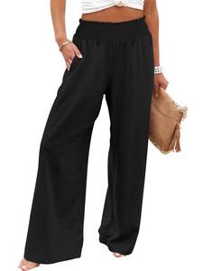 lot 14569 image: Caracilia Womens Linen Pants Wide Leg Palazzo Lounge Pant High Waisted Flowy 2024 Summer Beach Work Boho Casual Trousers Black X-Large