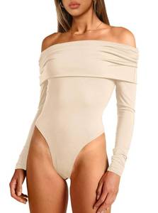 lot 14571 image: AGECODE Womens Sexy Off The Shoulder Ruched Layer Long Sleeve Bodysuit Tops Shirts Khaki Large