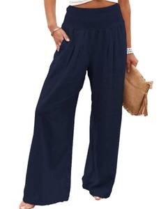 lot 14575 image: Korebow Linen Pants for Women Casual Loose High Wisted Wide Leg Beach Palazzo Pants Trousers with Pockets(0101-Navy-M)