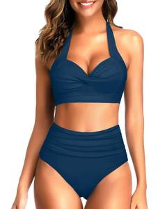 lot 14583 image: Tempt Me Womens Vintage Swimsuits Deep Blue Retro Halter Ruched High Waist Bikini with Bottom L