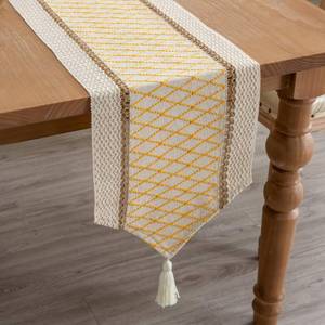 lot 14586 image: Mayler Yee Table Runner, Boho Style with Tassels, Cotton & Linen, Farmhouse Home Decor for Living Room Dresser Scarfs (12x108inch, Yellow & Beige)