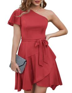 lot 14592 image: One Shoulder Dress for Women Ruffle Sleeve Party Formal Cocktail Dress for Wedding Guest Swing Dresses Red M