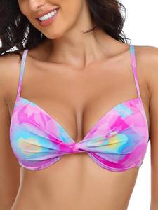 lot 14612 image: RELLECIGA Womens Blue-Purple Floral Push Up Bikini Top Twist Front Underwire Bathing Suit Size Medium