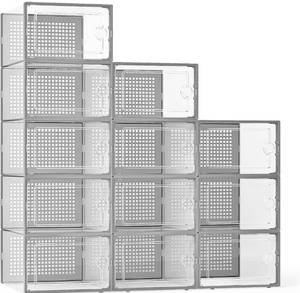 lot 18229 image: Kuject X-Large Shoe Storage Boxes Organizers for Closet 12 Pack, Fit Size 11,Clear Plastic Stackable Sneaker Containers for Entryway, Space Saving Shoe Rack,Substitute for Drawer Organize Unit, Grey