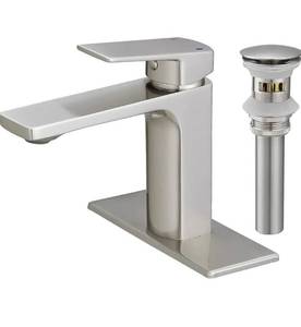 lot 18235 image: VOTON Brass Bathroom Faucet, Brushed Nickel Finish, Single Handle, 1 or 3 Hole Installation, Pop-up Drain, Flexible Hoses