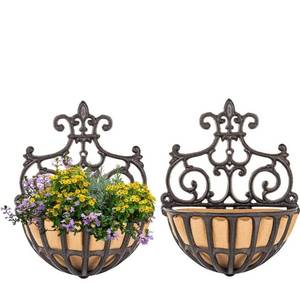 lot 18236 image: Sungmor 2 Pack Wall Hanging Planter Basket with Fabric Liner, Antique Victoria Style Cast Iron Wall Planter Holder