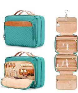 lot 18238 image: Travel Hanging Toiletry Bag for Women, Cruise Ship Essentials, with Jewelry Organizer, Extra Large Makeup Dopp Kit, Waterproof Cosmetic Bags, Toiletries Kit Set with Trolley Belt, Blue