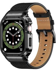 lot 18243 image: SUPLINK Stainless Steel Case and Bands Compatible with Apple Watch Bands 45mm for Men,Leather Strap Rugged Cover for iWatch Series 9 8 7
