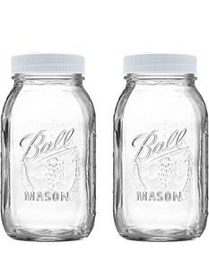 lot 18248 image: Regular Mouth Mason Jars 32 oz - (2 Pack) - Ball Regular Mouth 32-Ounces Quart Mason Jars with White M.E.M Food Storage Plastic Lids, Caps Fit Ball and Kerr Regular Mouth
