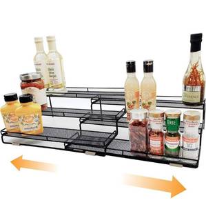 lot 18252 image: 3 Tier Wide Expandable Cabinet Spice Rack Organizer (14.5 to 29.1) - Step Shelf with Protection Railing, Black