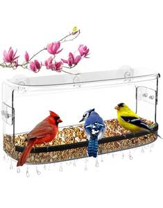 lot 18264 image: Ermete Window Bird Feeder with Strong Suction Cups, Large View Clear Bird Feeder Window, Bird Window Feeder with Bird Seed Tray, 13in x 5.5in x 4.2in Window Bird Feeders for Outside