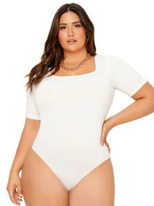 lot 20370 image: SOLY HUX Womens Plus Size Bodysuit Scoop Neck Short Sleeve T Shirts Skinny One Piece Bodysuit Summer Basic Tops Solid White 2XL