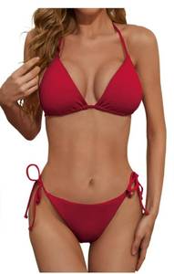 lot 20379 image: Womens Two Piece Bikini Swimsuit Sexy Ribbed Triangle Top Bathing Suits String Cheeky Bikini Sets XS