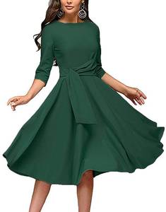 lot 20380 image: Womens Elegance Audrey Hepburn Style Ruched Dress Round Neck 34 Sleeve Swing Midi A-line Dresses Green L