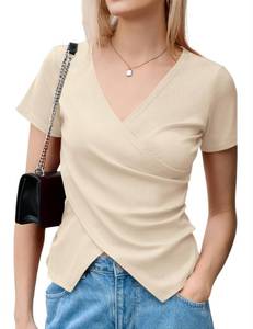 lot 20381 image: Micoson Womens Tops Dressy Casual Deep V Neck T Shirts Fashion Front Cross Wrap Tops Sexy Short Sleeve Blouses Soft Tee Apricot L