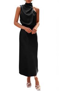 lot 20390 image: PRETTYGARDEN Womens 2024 Summer Satin Dress Elegant Sleeveless Mock Neck Cocktail Party Maxi Dresses (Black,Large)