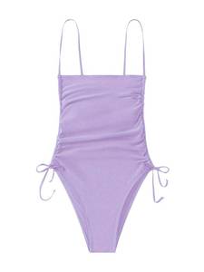 lot 20391 image: Lilosy Sexy Spaghetti Strap Lace Up Tummy Control Ruched One Piece Swimsuit High Cut Leg Rise Bikini Drawstring Thong Cheeky Brazilian Bathing Suit Women Monokini Light Purple Small