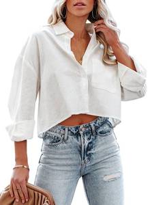 lot 20392 image: Tankaneo Womens Button Down Cropped Shirts Long Sleeve Casual Crop Tops Solid Lapel Blouse Shirt with Chest Pocket XL