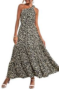 lot 20395 image: PRETTYGARDEN Womens Floral Maxi Dress 2024 Knot One Shoulder Sleeveless Ruffle Hem Flowy Boho Dresses(Black,X-Large)