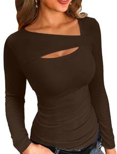 lot 20400 image: VICHYIE Womens Fall Long Sleeve Shirt Ribbed Cutout Fitted Tshirt Tops Coffee S