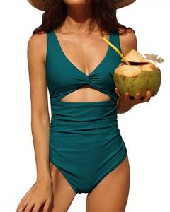 lot 20407 image: Charmo Womens One Piece Swimsuit Ruched Tummy Control High Cut Backless V Neck Bathing Suits Swimwear (Green,Medium)