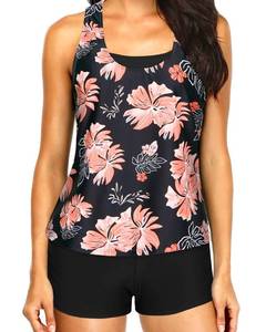 lot 20412 image: Yonique 3 Piece Womens Tankini Swimsuits with Shorts Athletic Bathing Suits Tank Tops with Bra and Boyshorts Black Floral S