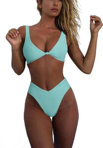 lot 20417 image: geluboao Light Green High Waisted Thong Bikini Sets for Women Cheeky Two Piece Swimsuit High Cut V Neck Bathing Suit S