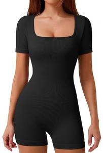 lot 20419 image: OQQ Women Yoga Rompers Workout Short Sleeve Square Neck Exercise Rompers Black SMALL