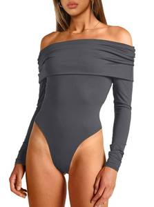 lot 20421 image: AGECODE Womens Sexy Off The Shoulder Ruched Layer Long Sleeve Bodysuit Tops Shirts Grey Large