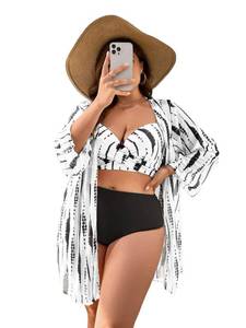 lot 20424 image: MakeMeChic Womens Plus Size 3 Piece Bathing Suits Tie Dye Push Up High Waisted Bikini Swimsuit with Kimono Set Black 1XL