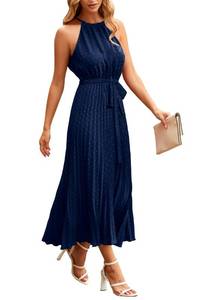 lot 20430 image: PRETTYGARDEN Womens Summer Casual Long Dress Sleeveless Halter Neck Swiss Dot Pleated Beach Maxi Sun Dresses (Navy,Large)