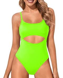lot 20433 image: Tempt Me Womens Scoop Neck Cutout Front One Piece Swimsuits High Cut Thong Monokini Swimsuit Neon Green M