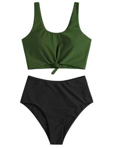 lot 20446 image: ZAFUL Womens High Waisted Tankini Scoop Neck Knotted Two Pieces Tankini Set Swimsuit (2-Green Black, XL)