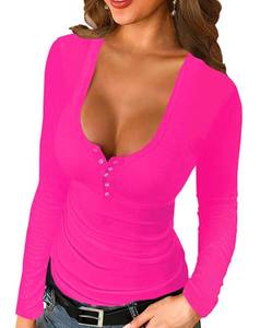 lot 20450 image: Afibi Women Long Sleeve Tops Scoop Neck Low Cut Slim Fitted Henley Shirt Ribbed Basic Tee Shirts Tops (Medium, Coral)
