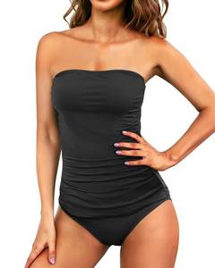 lot 20451 image: Aqua Eve Bandeau Swimsuits for Women Two Piece Bathing Suits Ruched Tummy Control Tankini Sets Strapless Swimwear Black Medium