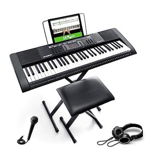 lot 59089 image: Alesis Melody 61 Key Keyboard Piano for Beginners with Speakers, Stand, Bench, Headphones, Microphone, Sheet Music Stand, 300 Sounds and Music Lessons - Retail $139.99