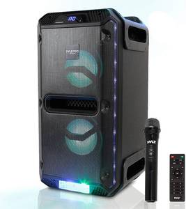 lot 59128 image: Pyle Portable 500W PA Speaker System - Outdoor Wireless Bluetooth Compatible Battery Powered Rechargeable Karaoke Sound Speaker Microphone Set w MP3 USB FM Radio AUX DJ LED Lights-Retail-$127.76