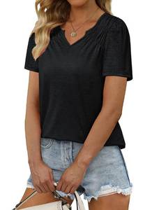 lot 10011 image: QVESELU Womens V Neck Tops Summer Casual Short Sleeve Pleated T Shirts Solid Loose Fit Flowy Basic Tee Tops Black XLARGE