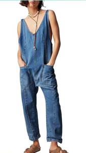 lot 10015 image: Womens Denim Overall Jumpsuits Sleeveless V Neck Adjustable Straps Jeans Long Pants Rompers XL