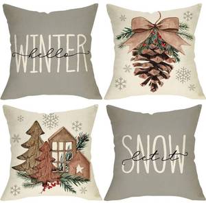lot 10035 image: Hello Winter Pine Cone Decorative Throw Pillow Cover Set of 4, Let It Snow Wooden Christmas Tree Cushion Case Decor, Bow-Knot Berry Snowflake Pillowcase Decorations for Sofa Couch 18 x 18