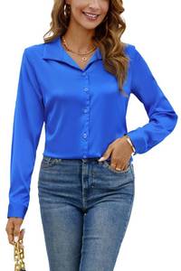 lot 10037 image: Silk Blouse for Women Satin Shirts for Women Royal Blue Blouse Silk Tops Shirt Top Long Sleeve Blouses Womens Clothes Work & Button-Down Slim Fit V Neck Blue M