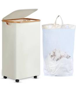 lot 10044 image: Laundry Hamper with Wheels, Rolling Laundry Hamper with Lid and Removable Bag, Collapsible Dirty Clothes Hamper with Wheels for Laundry Room, Bedroom & Bathroom, 100L (26.4 Gallon) Beige ONE WHEEL MISSING