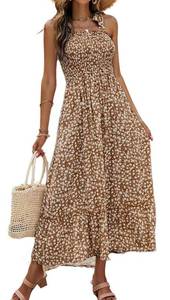 lot 10098 image: Tobrief Womens Boho Dress Summer Spaghetti Strap Square Neck Flowy Ruffle Beach Long Maxi DressL