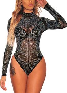 lot 10106 image: SEBOWEL Women Long Sleeves Mesh See Through Jumpsuit Bodysuit Top Leotard L