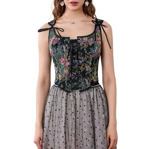 lot 10125 image: Bowanadacles Women Vintage Floral Camisole Flower Embroidery Pattern Tight Vest Drawstring Tie-up Tank Top Suspender Corset S