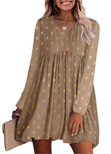 lot 10133 image: KIRUNDO Womens Dresses 2024 Spring Summer Long Sleeve Mini Dress V Neck Flowy Casual Polka Dot Loose Babydoll Maternity Dress(Style3-Khaki, X-Small)