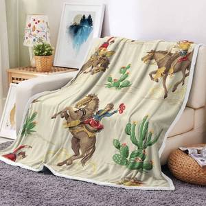 lot 10136 image: Bzhilja Western Cowboy Throw Blankets, Western Riding Horse Wild Tropical Cactus Desert Cozy Warm Bed Couch Blanket, Farm Farmhouse White Fleece Flannel Throws to Decorate The Room and Bedroom.