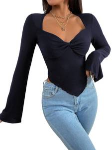 lot 10139 image: WDIRARA Womens Long Flared Sleeve V Neck Crop Top Twist Front Asymmetrical Shirt Navy Blue M