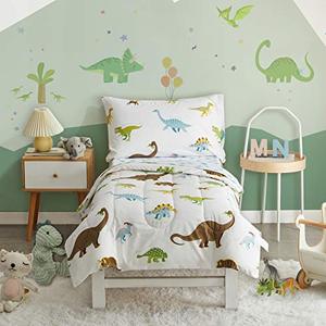 lot 10153 image: UOZZI BEDDING 4 Pieces Toddler Bedding Set Dinosaur White Includes Comforter, Flat Sheet, Fitted Sheet and Pillowcase